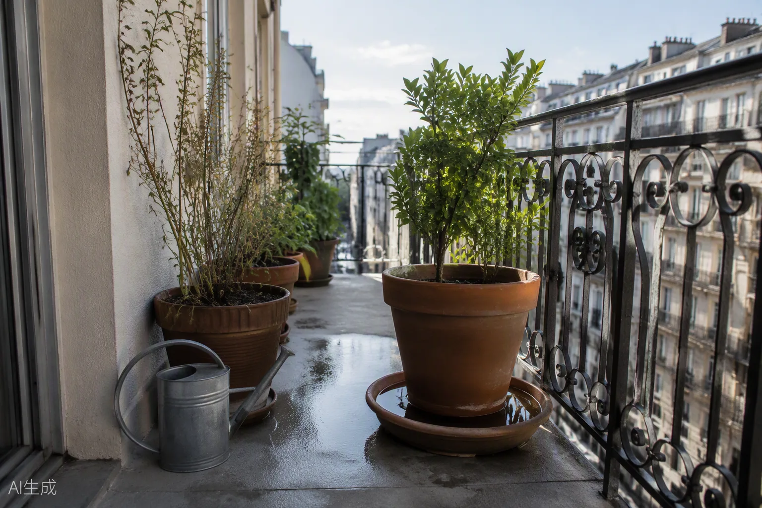 Balcon d'appartement urbain avec pots de fleurs et une soucoupe remplie d'eau stagnante, premier gîte larvaire du moustique tigre