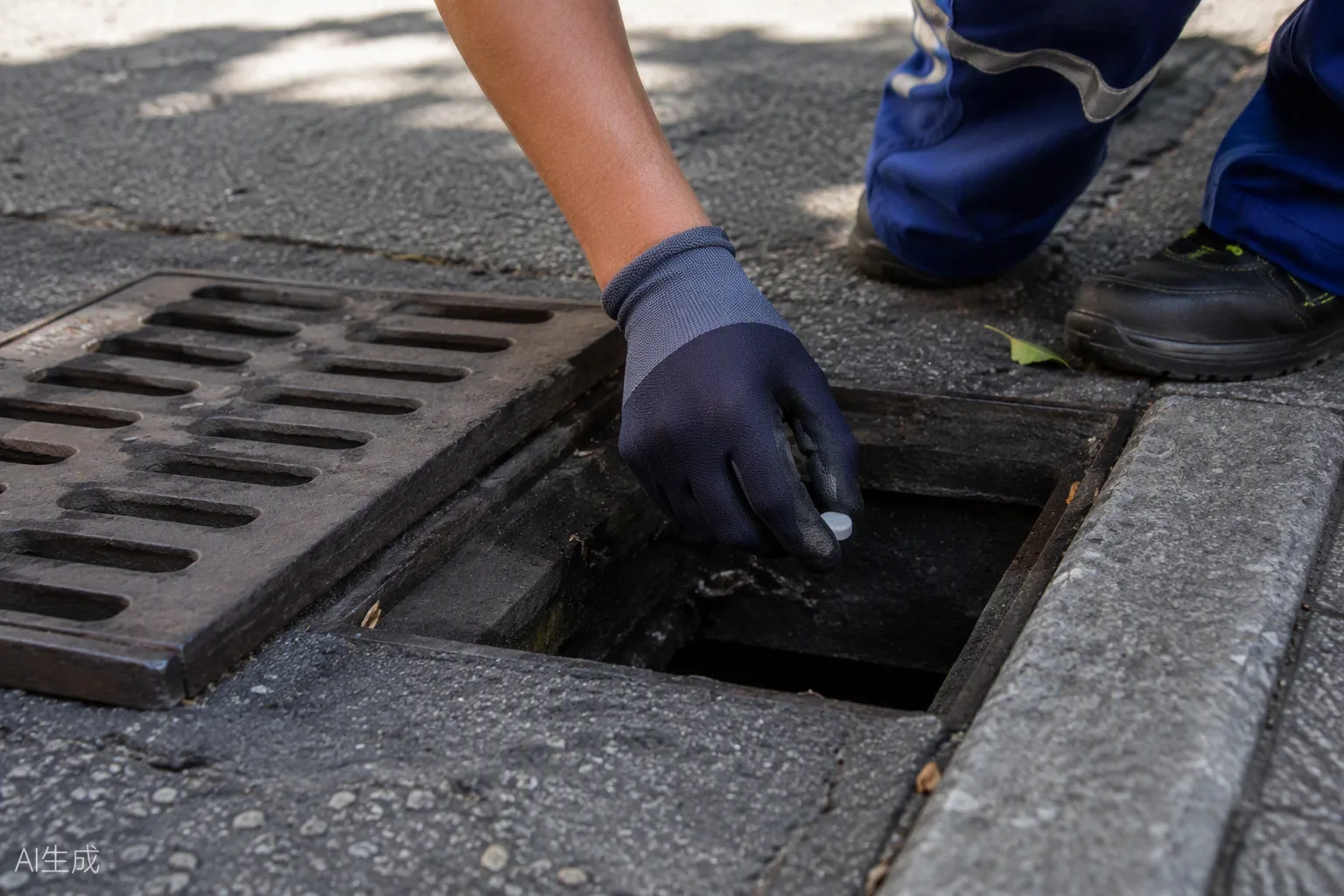 Technicien ganté déposant une pastille de larvicide biologique dans une bouche d'évacuation des eaux pluviales en zone urbaine