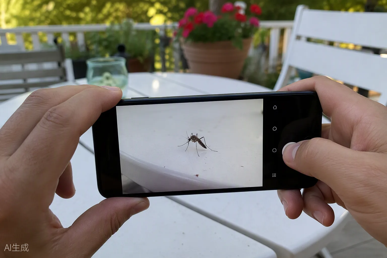 Mains tenant un smartphone photographiant en gros plan un moustique posé sur une table blanche de terrasse, en vue d'un signalement