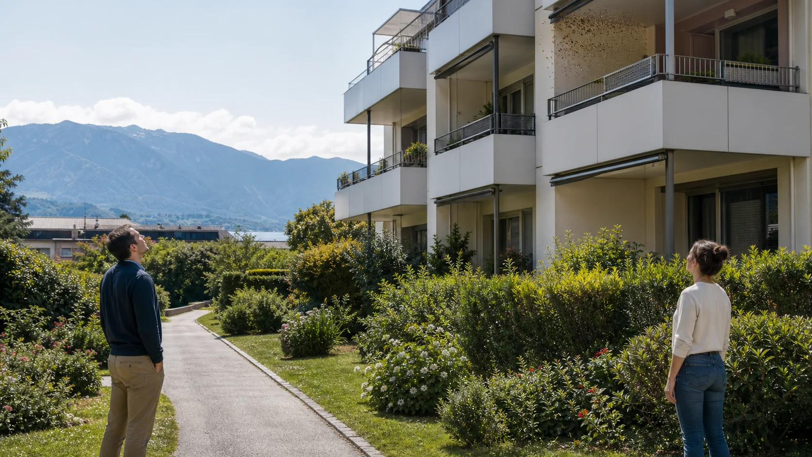Une façade résidentielle en Suisse romande vue depuis le jardin, avec un balcon et des occupants qui empruntent un passage alternatif.