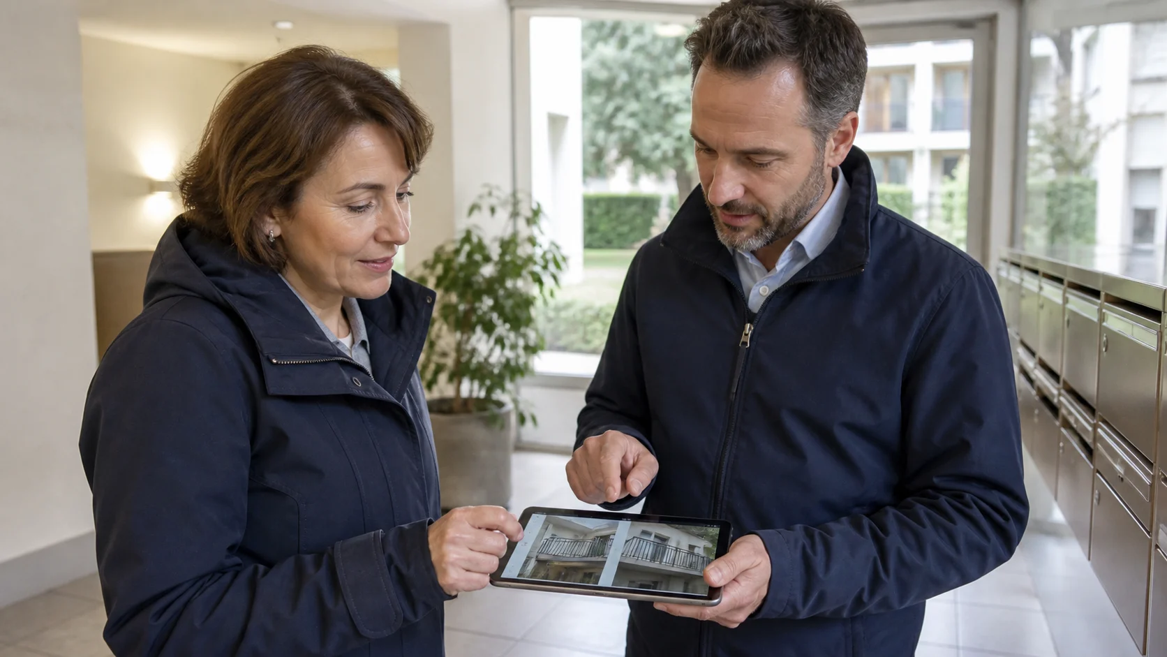 Une gestionnaire d’immeuble et une occupante consultent des photos datées du balcon avant une visite d’évaluation.