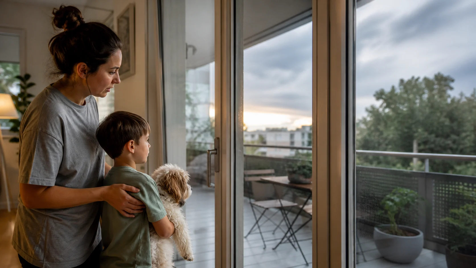 Un parent indique calmement une zone à éviter près d’un balcon pendant qu’un enfant et un chien restent à distance.