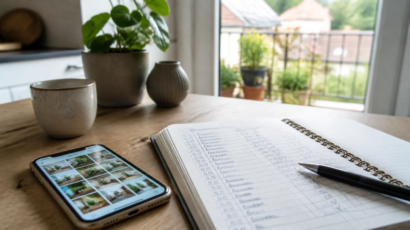 Un carnet de suivi et un téléphone affichent des photos datées d’un balcon, posés sur une table intérieure.
