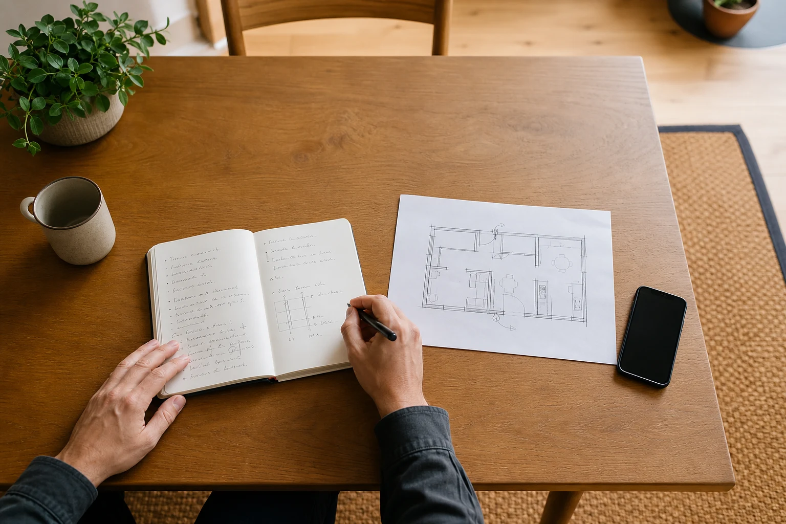 Carnet, plan de logement et téléphone utilisés pour noter une situation