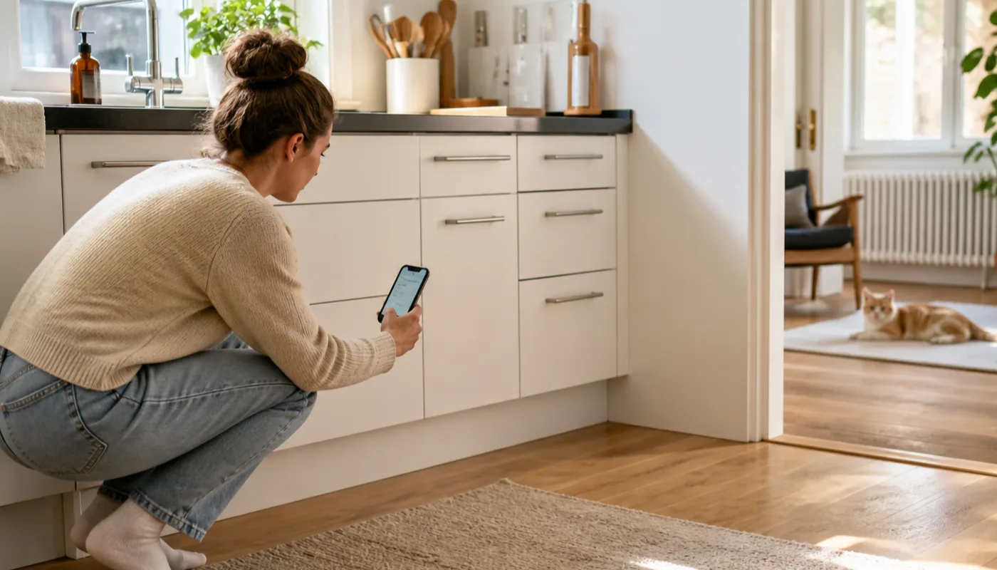 Adulte tenant un carnet à distance d’une zone basse pendant qu’un chat reste dans une autre pièce